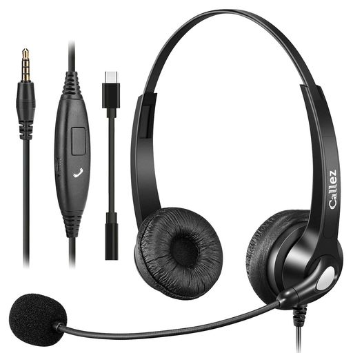 Callezヘッドセット携帯電話用3.5mm両耳ノイズキャンセリングマイク付きとコール制御PC用ヘッドホンWeb会議、Skype、オフィス、在宅勤務、ビジネス、コールセンターに適用iPhone、Android、iPad…