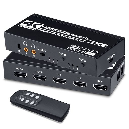 ELEVIEWHDMIマトリックススイッチャー3入力2出力4K60HzHDR対応オーディオ分離機能付き(光デジタル/3.5mm)HDCP2.3分配器PS5/PS4/Switch2/FireTV対応手動切替リモコン