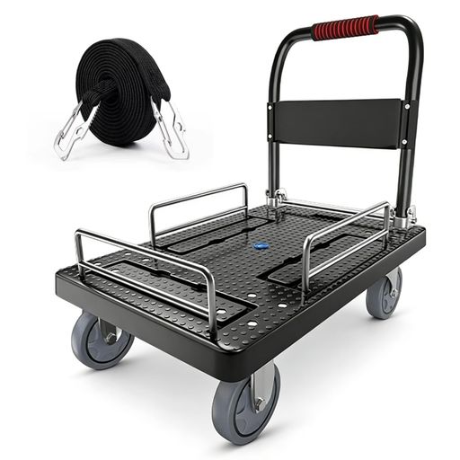 cxyin-home台車幅71x奥行47x高さ82cm耐荷重150kg手押し車折り畳み式TPRキャスター落下防止柵付き台車ブレーキ付きコンパクト省スペース組立簡単静音引っ越し倉庫スーパー空港家庭