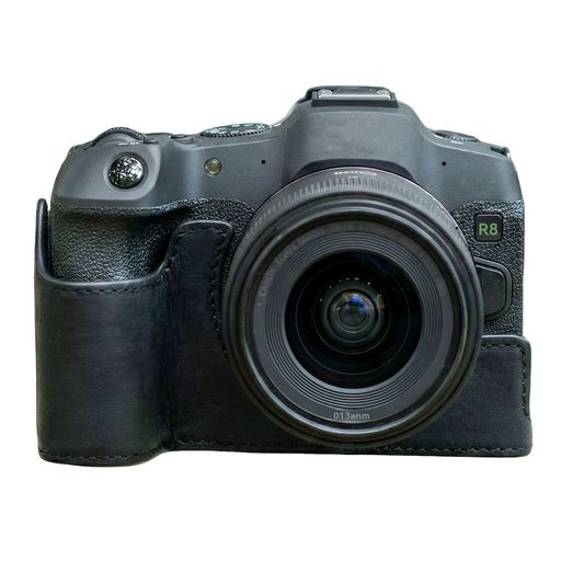 EOS R8対応カメラハーフケース本革製保護ボトムカバー付きハンドグリップ電池交換容易な開閉式ボトムデザイン内蔵1/4インチ三脚ネジレトロスタイル ブラック|シュガーライトSTORE