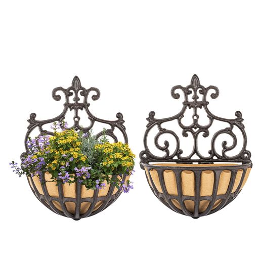 Sungmor 2PC 壁掛け植木鉢バスケット、ファブリック裏地付き、アンティークビクトリア風鋳鉄植木鉢屋内壁掛けスタンド、屋外手すりフェンスバルコニー吊るし植木鉢半円バスケット|シュガーライトSTORE