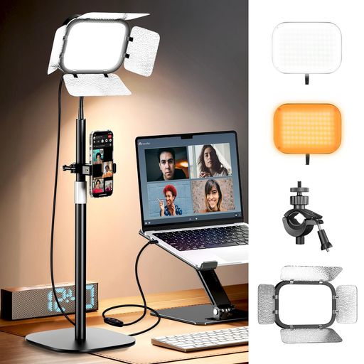EMART撮影用ライトLEDビデオライト角度調整可能撮影照明11段階調光高さ37.80-65.02cm調節可能持ち運び便利3000-5500Kスマホホルダーと遮光板付きUSB給電