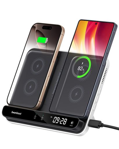 ワイヤレス充電器2台、iPhone/Galaxy/Pixel対応充電スタンド2台同時置くだけ、折りたたみ式ステーション、iPhone17/16/15/14シリーズ、SamsungGalaxyS25/S24/S23、GooglePixel