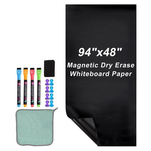 PATIKIL磁気式ドライイレースホワイトボードペーパー48”x94”自己粘着性黒ボードステッカー壁用黒ボードコンタッチペーパーシートマーカー磁気イレーざーマグネット付き黒