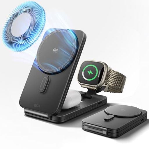 ESR3-in-1充電器Qi2.2対応25WMagSafe充電器(CryoBoost搭載)折りたたみ式スマホ冷却ワイヤレス充電器iPhone17e/17/16(iOS26対応・50Wアダプター付属)AirPodsAppleWatch用