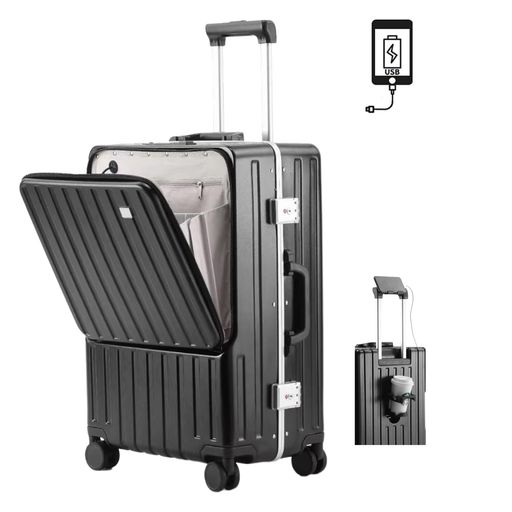 [Yuweijie] スーツケース フロントオープン 機内持ち込み usbポート付き キャリーケース パソコン収納ポケット 人気 かわいいキャリーバッグ カップホルダー付き アルミフレームタイプ ハー&hellip;｜シュガーライトSTORE