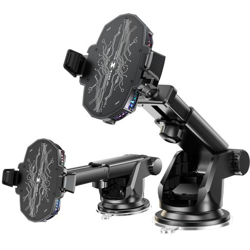 3T6B車載ホルダー冷却ファン吸盤式強力デュアルファン真空吸盤+ナノテープ+ロック固定8-17cm伸縮半導体冷却RGBライト付きスマホホルダー5V/3A給電ケーブル付属ブラック黒