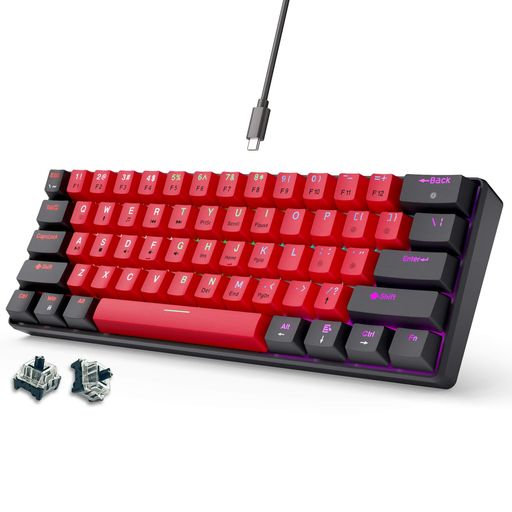 abucowゲーミングキーボードミニマリストポータブル有線超コンパクトミニ61キーRGBバックライトキーボード(黒と白)(ブラックレッド)