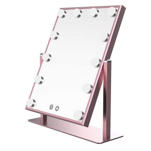 Wonstart女優ミラー化粧鏡12個led電球付2色調光360°回転明るさ調整卓上ledミラー(ピンク)