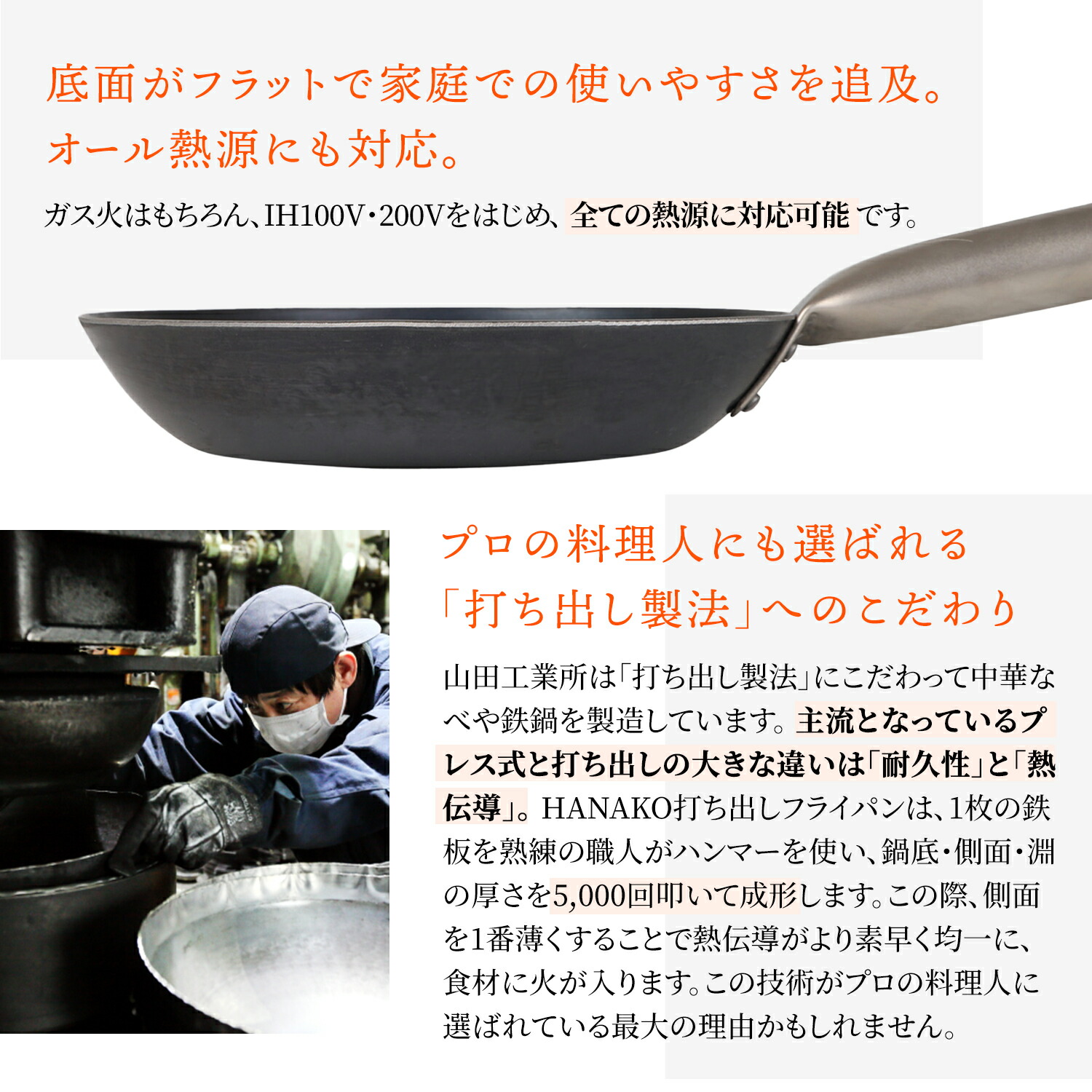 【最大1000円OFFクーポン】ハナコHANAKOフライパン26cmチタンハンドル打ち出し製法IH対応TITANIUMHANDLEFRYINGPANHF-26
