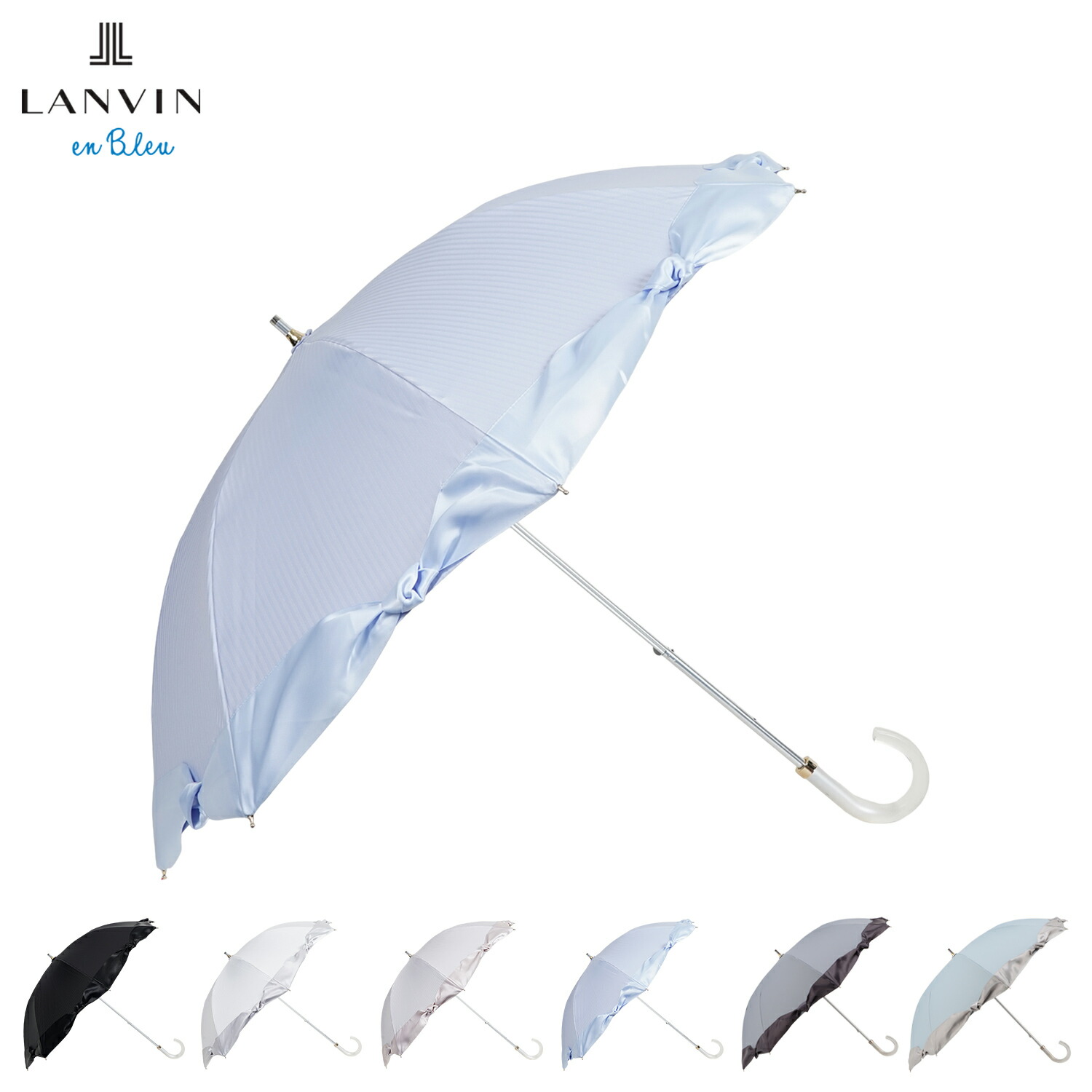 【最大1000円OFFクーポン発行中】 LANVIN en Bleu ランバンオンブルー 日傘 長傘 晴雨兼用 ショート 雨傘 レディース 50cm 遮光 遮蔽 UVカット 紫外線対策 ストライプJQ ワンノットサテンリボン ブラック ホワイト ベージュ ブルー 黒 白 22-084-11853-06｜シュガーオンラインショップ