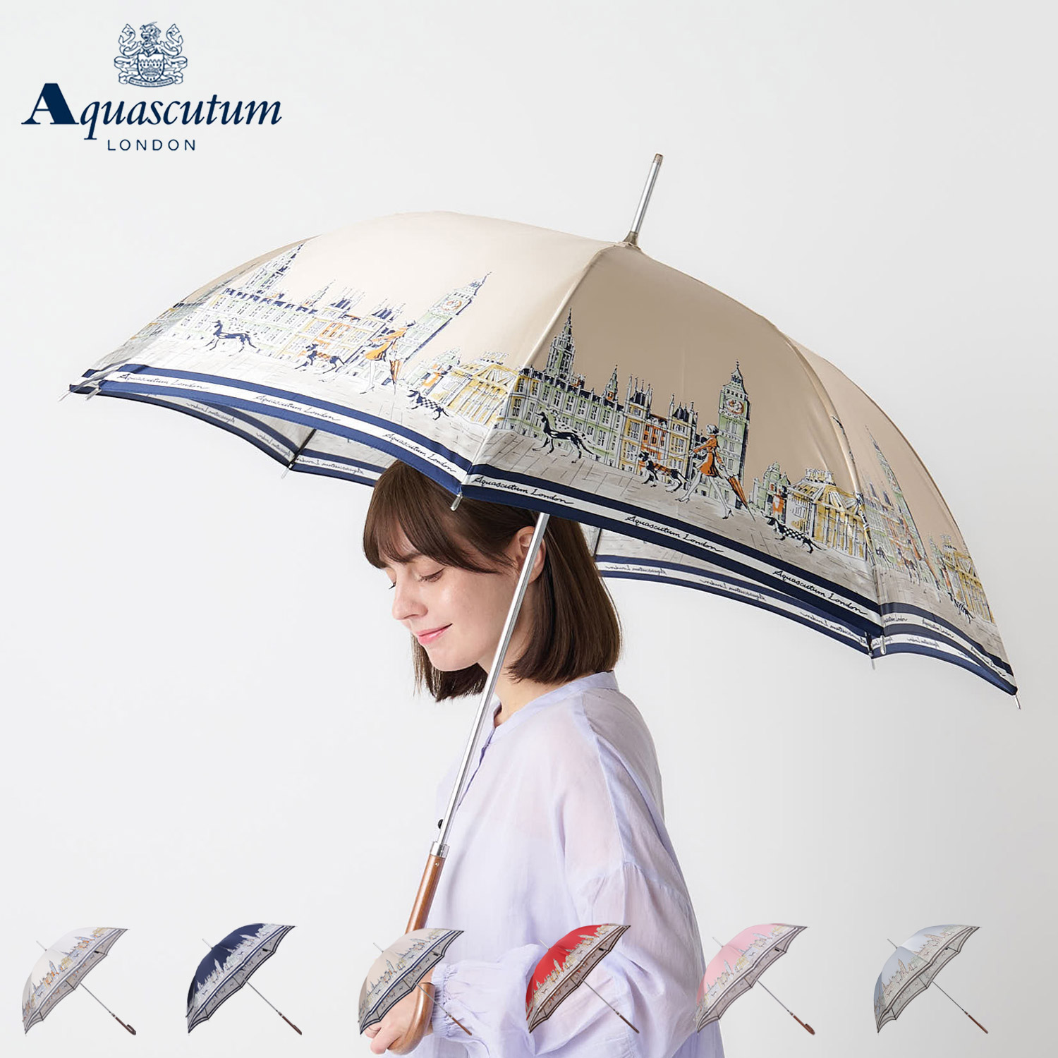 【最大1000円OFFクーポン発行中】 AQUASCUTUM アクアスキュータム 長傘 雨傘 レディース 60cm 軽量 UVカット 遮熱 紫外線対策 オフ ホワイト ネイビー ベージュ レッド ピンク サックス 1AQ 11066-66|シュガーオンラインショップ