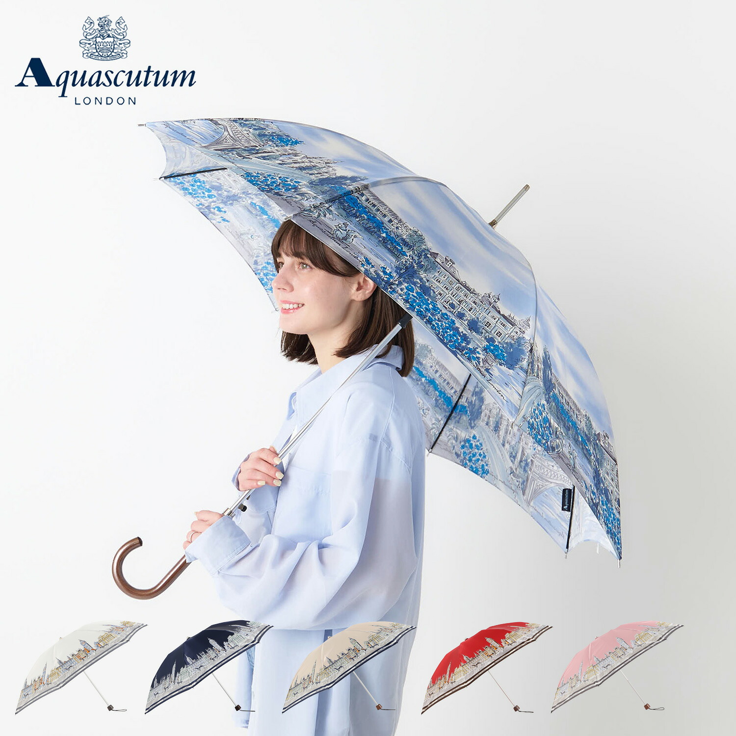 【最大1000円OFFクーポン発行中】 AQUASCUTUM アクアスキュータム 長傘 雨傘 レディース 耐風 ボタン式 日本製 ネイビー サックス イエロー ピンク 1AQ 11090|シュガーオンラインショップ