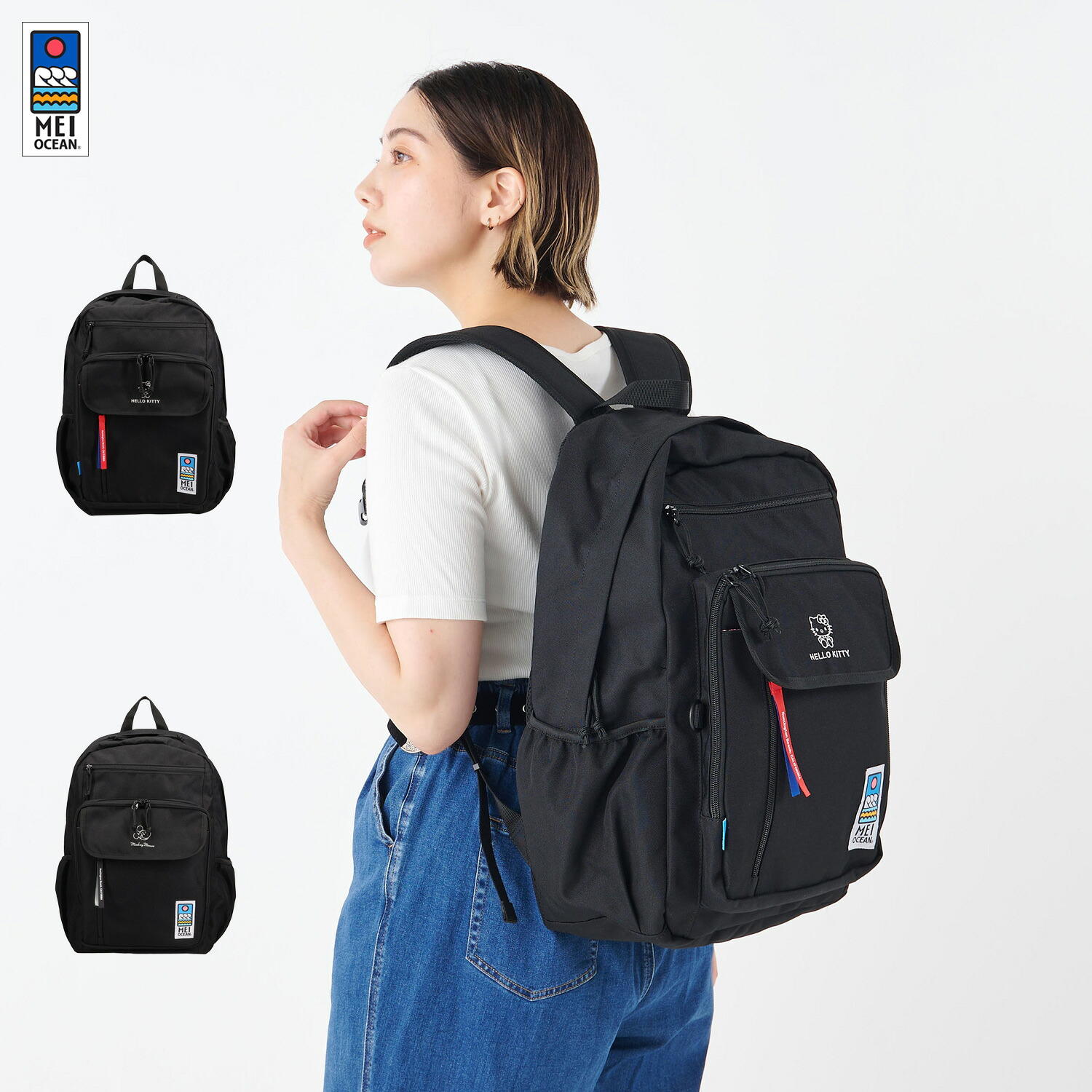 【最大1000円OFFクーポン発行中】 MEI OCEAN メイ オーシャン リュック バッグ バックパック メンズ レディース 大容量 A4 20L キティ ミッキー コラボ 限定 ブラック 黒 62105 62102|シュガーオンラインショップ