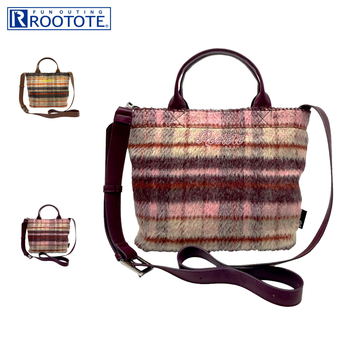ルートート ROOTOTE トートバッグ バッグ ショルダー レディース 2WAY 斜めがけ 大人 軽量 スクエア チェック ベージュ ピンクベージュ ピンク 黒 3651 母の日
