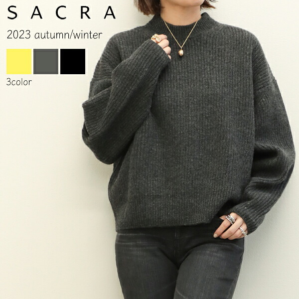 SACRA サクラ レディース ニット 片畦 プルオーバー クルーネック フォルムスリーブ クロップド丈 ウール ナイロン REFINED WOOL FURROW TOP 123635081 YELLOW/イエロー CHARCOAL/チャコール BLACK/ブラック｜菅原靴店 （Sugawara Ltd）