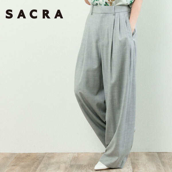 SACRA サクラ レディース パンツ ワイド スラックス ウール シルク ギャバジン ストレッチ 3タック ツイル WOOL SILK GABARDINE PANTS 126117111 GRAY グレー|菅原靴店 (Sugawara Ltd)