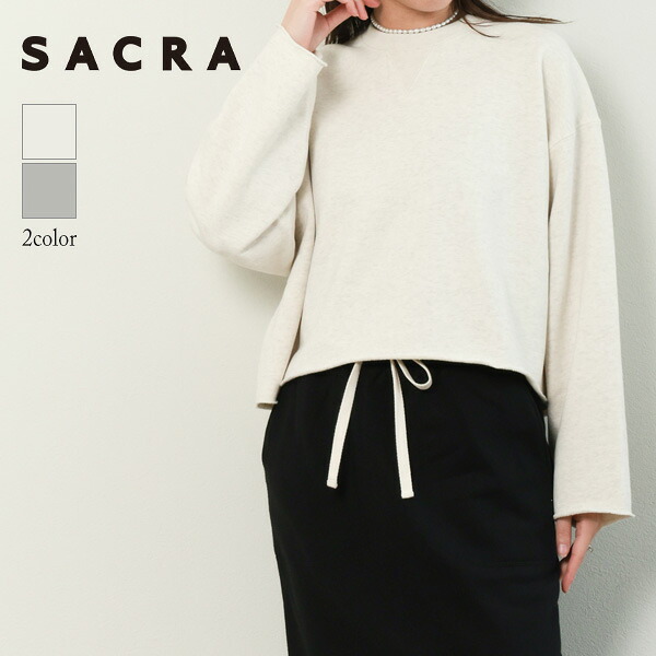 SACRA サクラ レディース スウェット コットン 長袖 丸首 クロップド カットオフ EXTRA FINE FLEECE 126141091 ECRU アイボリー GRAYグレー