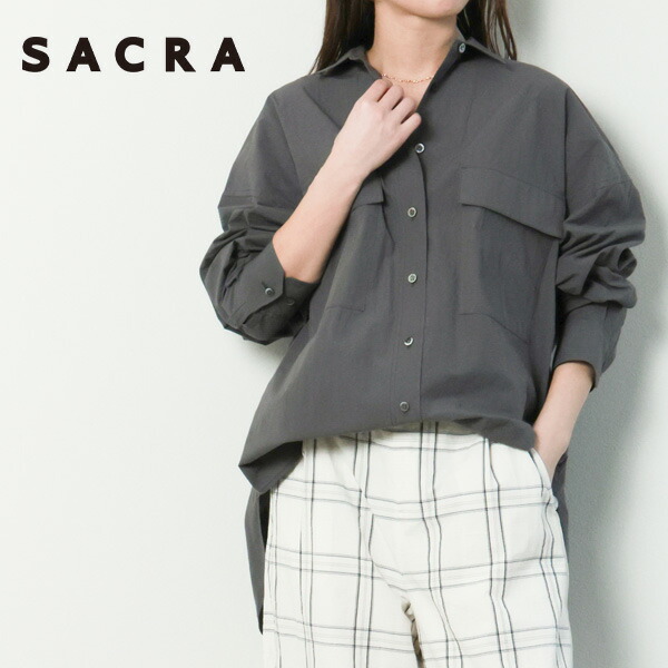 SACRA サクラ レディース シャツ ブラウス オーバーサイズ ワッシャー コットン 高密度コットン 126112071 HIGH COUNT COTTON TUMBLE CHARCOAL チャコールグレー｜菅原靴店 （Sugawara Ltd）