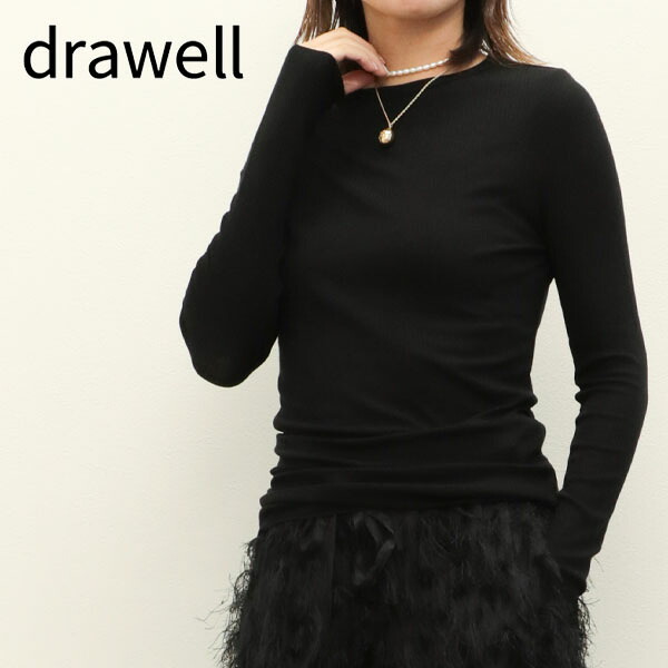 drawell ドロウェル レディース カットソー クルーネック 再生繊維 テンセル シルク ポリウレタン カシミヤ テレコ ストライプ 23AW-DW-CS-07 ブラック｜菅原靴店 （Sugawara Ltd） 13,651円