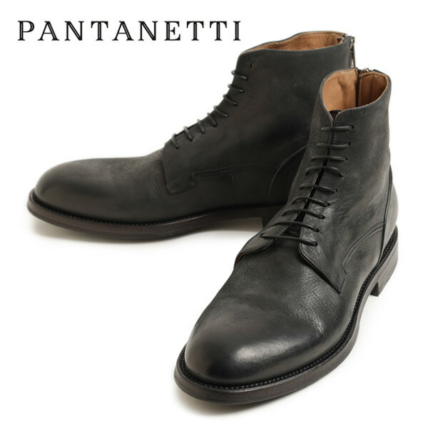PANTANETTI パンタネッティ ブーツ メンズ レースアップ ショート丈 バックジップ ヌバック ヴィンテージ加工 プレーントゥ ハーフラバー 19071 CHUBBY NERO ブラック画像