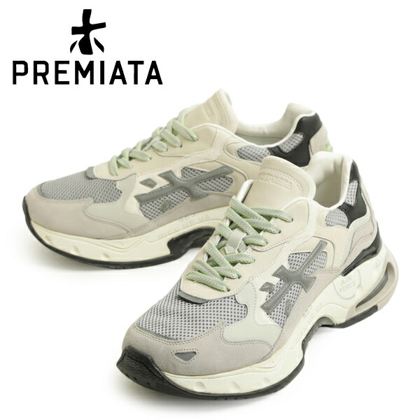 PREMIATA プレミアータ スニーカー メンズ スエード レザー メッシュ 厚底 エアユニット レースアップ ローカット SHARKY 407 グレー