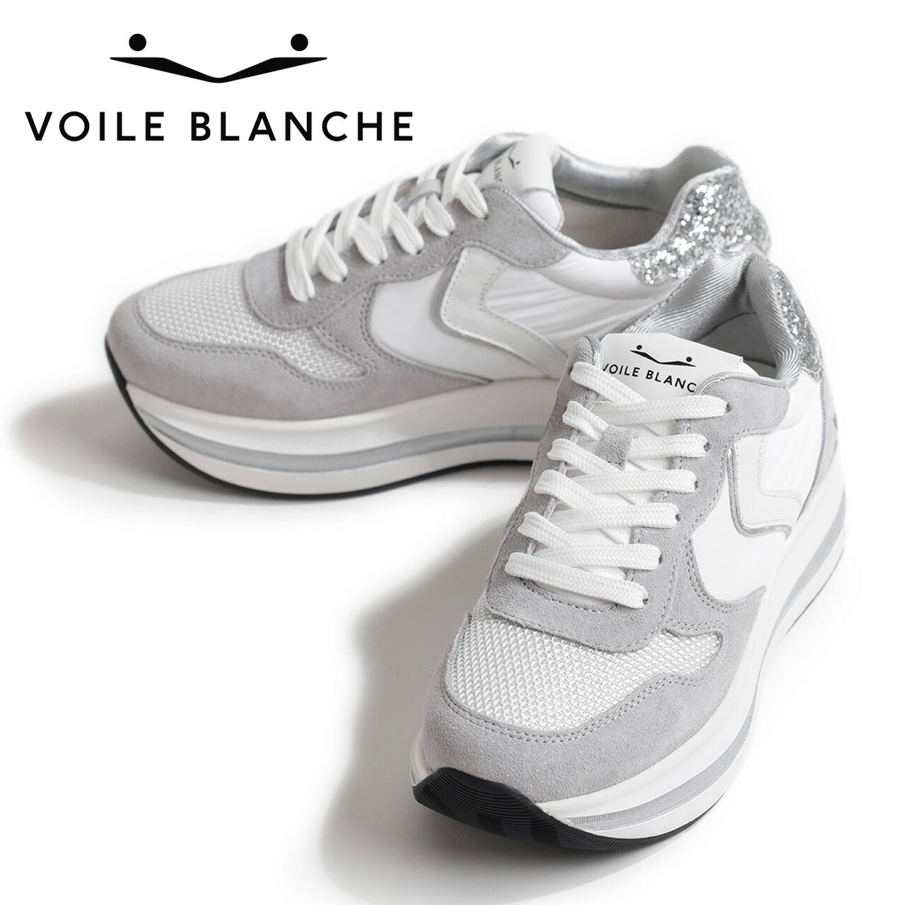 VOILE BLANCHE ボイルブランシェ レディース スニーカー ローカット ナイロン レザー グリッター レースアップ ロゴ 厚底 ボリュームソール MERRY STAR 2019095 06 4B12 GRAY/SILVER グレー ホワイト