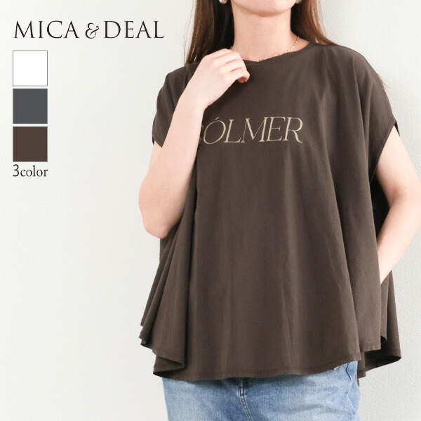 【MICA&DEAL/マイカアンドディール】ビッグロゴTシャツ レディース 半袖Tシャツ コットン100％ 薄手 スリット入り クルーネック フレアスリーブ ドレープ 大人カジュアル 0126209135 CHARCOAL チャコールグレー BROWN ブラウン WHITE ホワイト｜菅原靴店 （Sugawara Ltd）