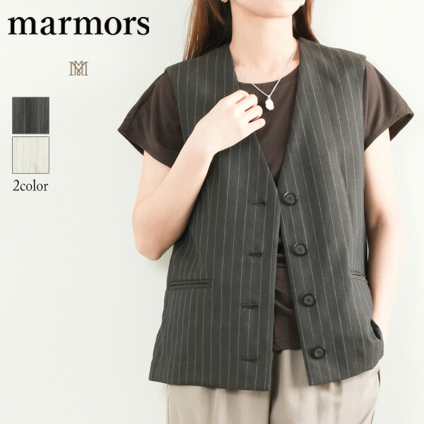 marmors マルモア レディース ジレ ベスト ポリエステル リネン レーヨン ストレッチ ストライプ Stripe Gilet ストライプジレ 0226105037 BEIGE ベージュ BROWN ブラウン｜菅原靴店 （Sugawara Ltd）
