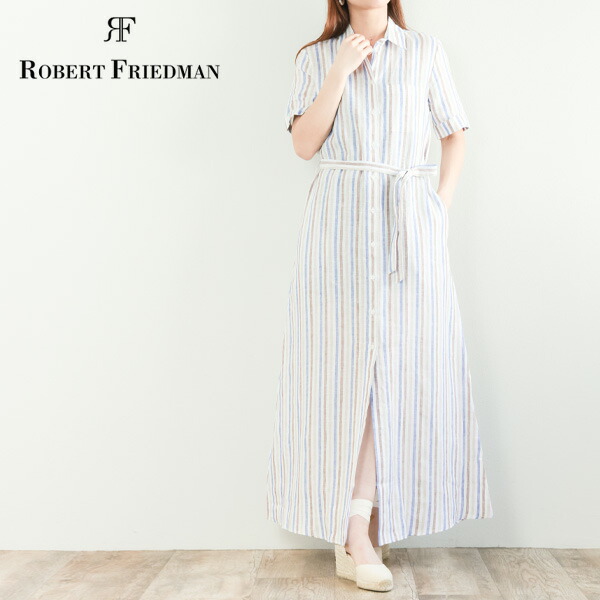 ROBERT FRIEDMAN ロベルトフリッドマン レディース ワンピース マキシ丈 フレア レギュラーカラー 半袖 リネン ウエストベルト JESYL STRIPE マルチカラー|菅原靴店 (Sugawara Ltd)
