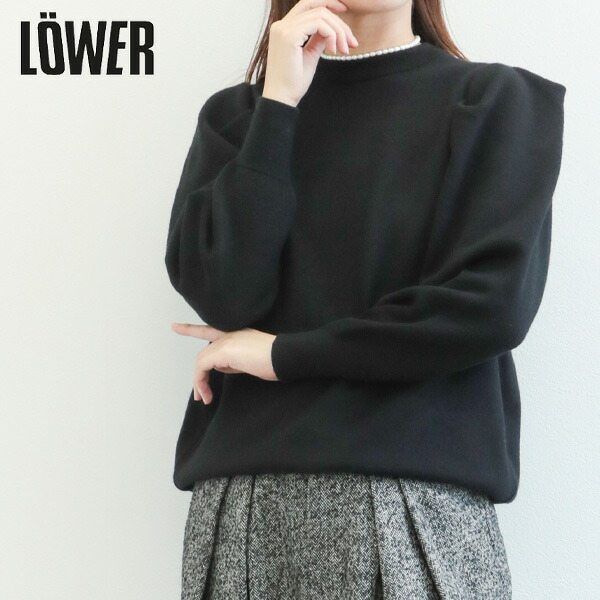 LOWER ローヴァー レディース ニット 長袖 ウール メリノ ウィナーズ 丸首 クルーネック パワーショルダー 14G Fulling Plainstitch Power Shoulder Pullover LW-51 BLACK ブラック CUT STONE グレー