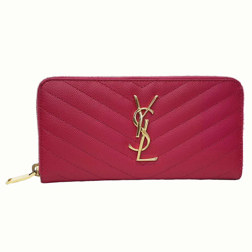 【中古】 SAINT LAURENT サンローラン ラウンドジッパー長紙入れ フューシャピンク レディース