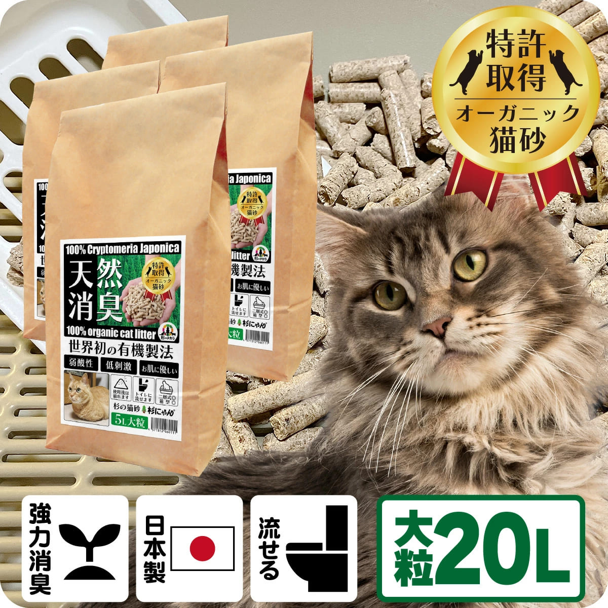 TV媒体で引き合わせる 消臭 オーガニック 猫砂 【杉にゃん大粒 20L】 猫肌と同じpH平衡にする 感じやすい肌 関所役立つことを守る 人はだ世話をする ph6.4 肌願望すること 木製 杉100％ 気取らない原料品 物のみごとに無付け加える 思わしい止めること 誤食も安全性のある 生腐蝕 肥やし化 固まらない 流せる 抗菌 抗燻す 国産