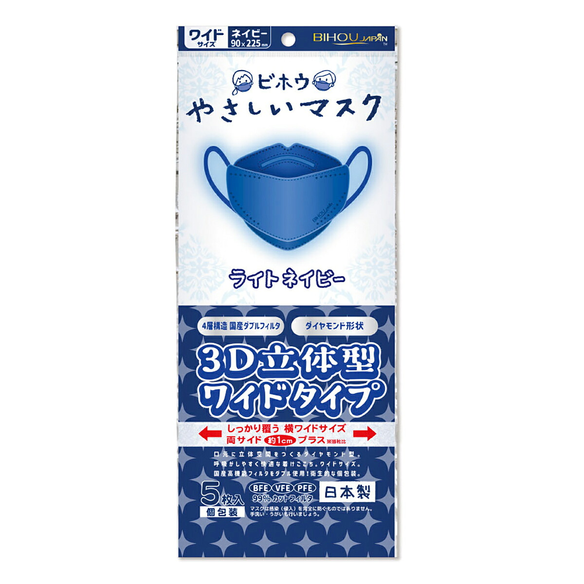 【 まとめ買い12個セット 】 やさしいマスク3D立体型 ワイドタイプ ライトネイビー 個包装 5枚入 【 送料無料 】
