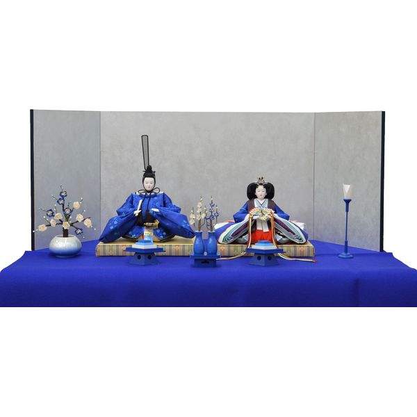 ひな人形 ７点セット 親王毛せん飾り きよら 青 京十番 三五 スカイブルー 小梅 銀屏風 紺毛せん 刷毛目徳利 kd36blh 132458714