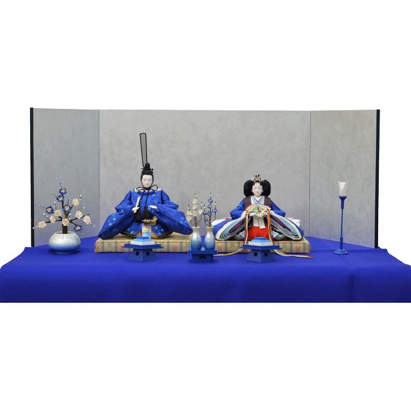 ひな人形 ７点セット 親王毛せん飾り きよら 青 京十番 三五 スカイブルー 小梅 銀屏風 紺毛せん 銀彩青徳利 kd36blg 132458746