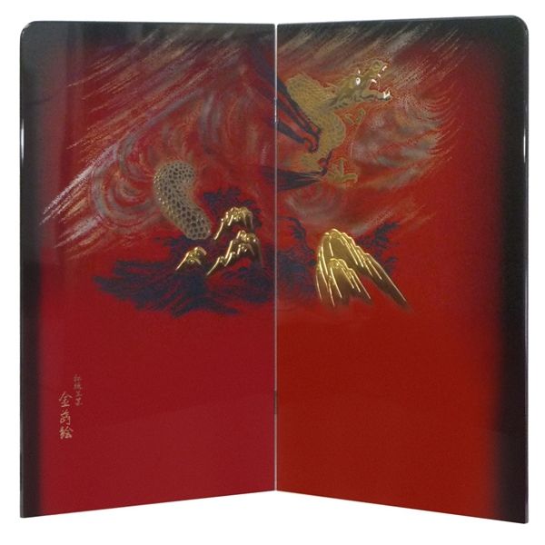 ひな人形 ひな道具 単品 部品 売り 二曲屏風 ワインシャドー塗 蒔絵竜 263886