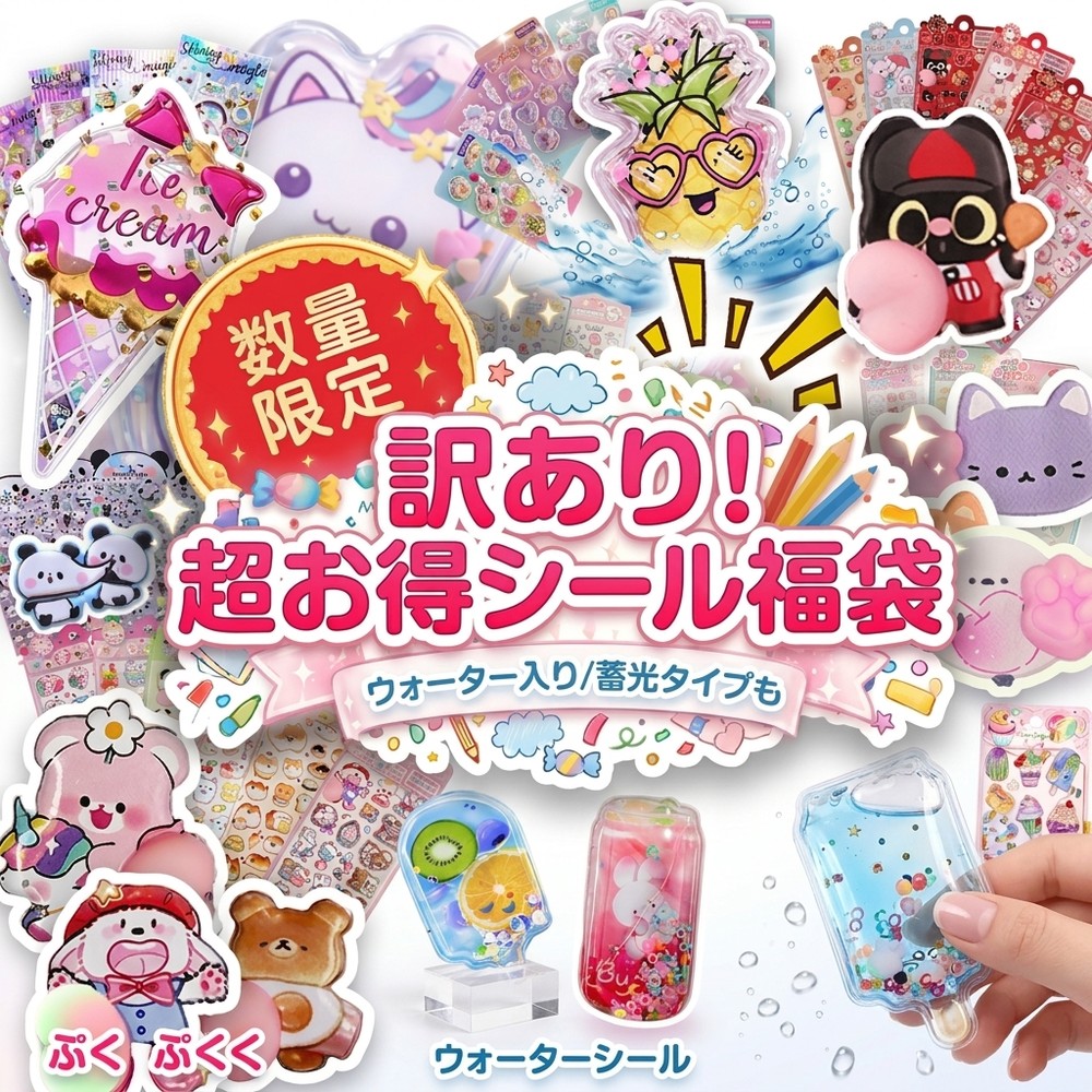 【訳あり超特価】メガ盛り シール 福袋 詰め合わせ 大容量 ぷっくり 3D ウォーターシール 水入り 蓄光 夜光 液体 浮かぶ 立体 かわいい 女の子 子供 小学生 幼稚園 ご褒美シール デコシール スマホ 手帳 ステッカー 文房具 誕生日|スイカ2号店