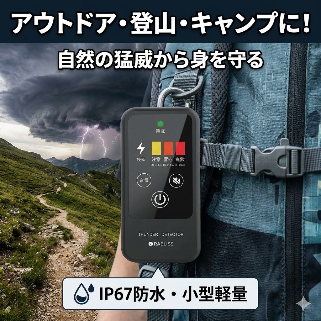 【2026年モデル】落雷検知器 携帯型 雷警報器 雷アラート 雷センサー 高感度 3段階警報 光 音 振動 通知 屋外 屋内 IP54 防塵 防滴 軽量 コンパクト 名刺サイズ 落雷対策 防災グッズ｜スイカ店