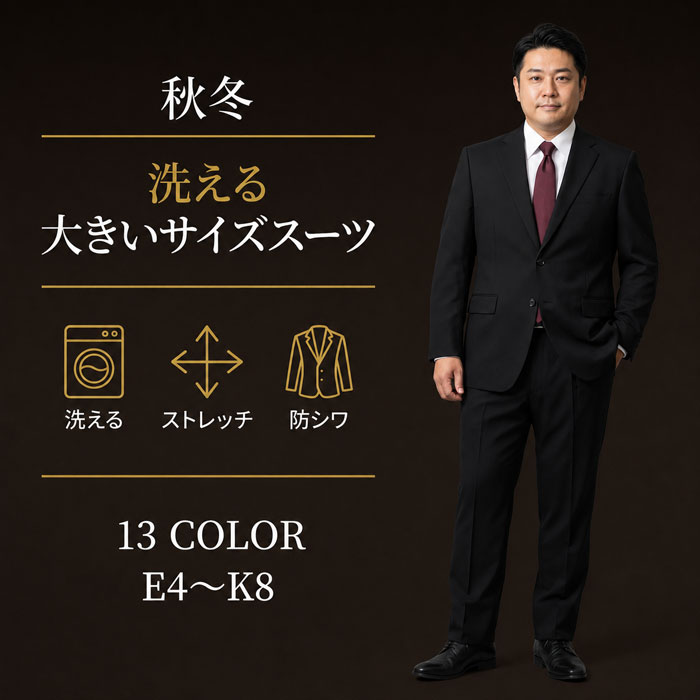 【クーポン利用で700円OFF】 スーツ 大きいサイズ メンズ E体 K体 アジャスター付 洗える ウォッシャブル ストレッチ 防シワ ビジネススーツ 秋冬春 ワンタック ビッグサイズ 黒 紺 グレー 無地 ストライプ 大きい スーツメンズ 紳士服 2ボタン 最短即日出荷 ゆったり 快適｜メンズスーツ　スーツデポ