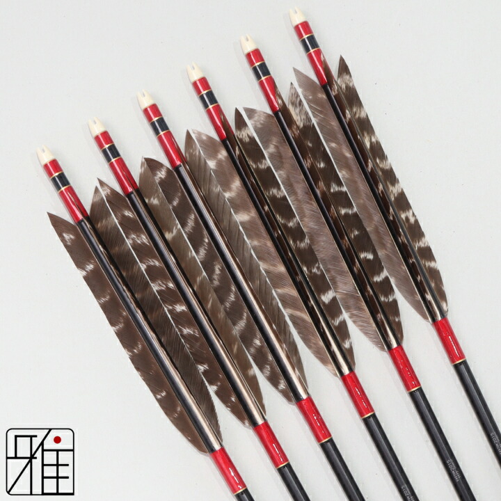弓道 矢 ジュラルミン矢 6本組 ターキートラ斑羽 2015シャフト黒 矧糸：赤系【送料無料】 翠山弓具店 suizan すいざんきゅうぐてん 【YA202052】