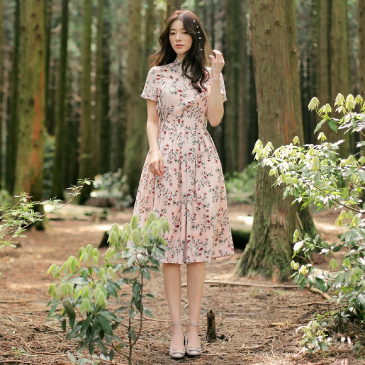 【韓服スタイル】DANMI DRESS　ダンミドレスワンピース ピンク 夏 ひざ丈 ハイウエスト 半袖 V開き 花柄 かわいい きれいめ 着こなし ゆったり ガーリー フェミニン フリー XL XXL｜好きなものいっぱい眞眞