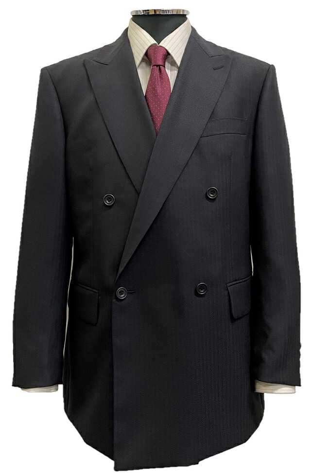 5000円OFF! 百貨店SALE秋冬【標準尺度】羊毛１００％ダブル４つボタンアジャスター付き添い人ツータックスーツ濃紺色杉綾模様 AB体/BB体