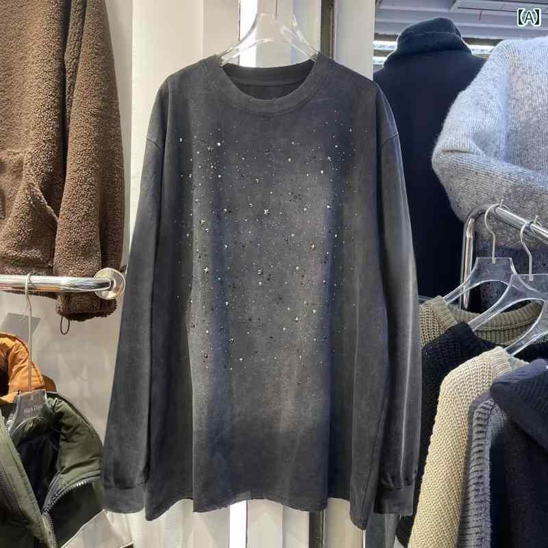 レディース トップス アメリカン ストリート レトロ ウォッシュド オールド ヘビー ラインストーン 長袖 Tシャツ メンズと レディース ハイエンド カップル トップス画像
