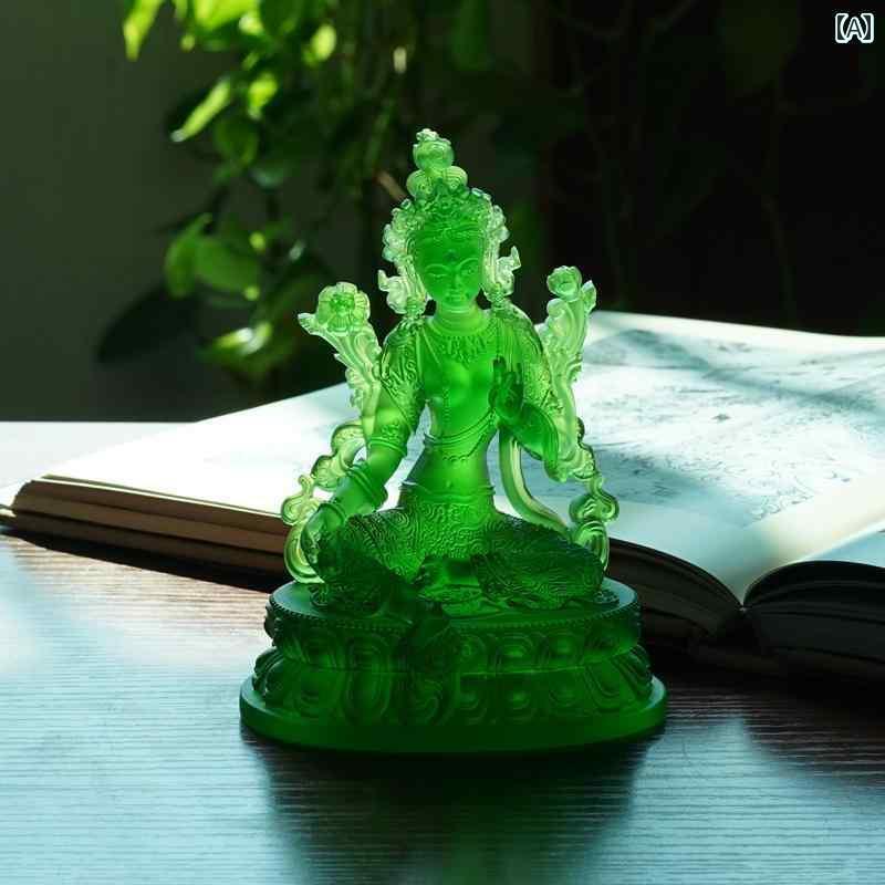 インテリア オブジェ おしゃれ ネパール チベット 釉薬を かけた 緑の ターラ 像 装飾品 家庭 礼拝 観音 菩薩 象嵌 宝石