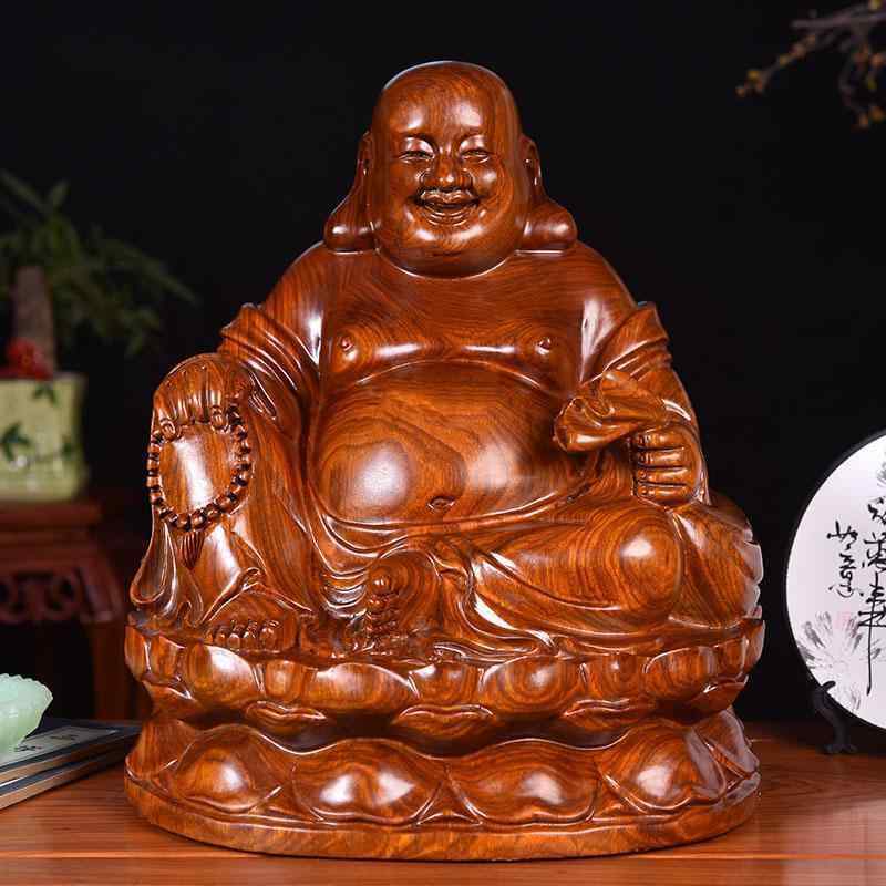 インテリア オブジェ おしゃれ 黄 花里 木彫り 笑う 仏像 大きい 腹に 座る 蓮 弥勒 装飾品 布袋 仏家の 装飾 マホガニー