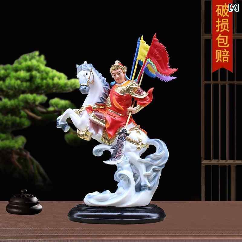 インテリア オブジェ おしゃれ 12インチの 白馬 将軍 馬に 乗った 不滅 黄色の 速歩 樹脂製の 仏像