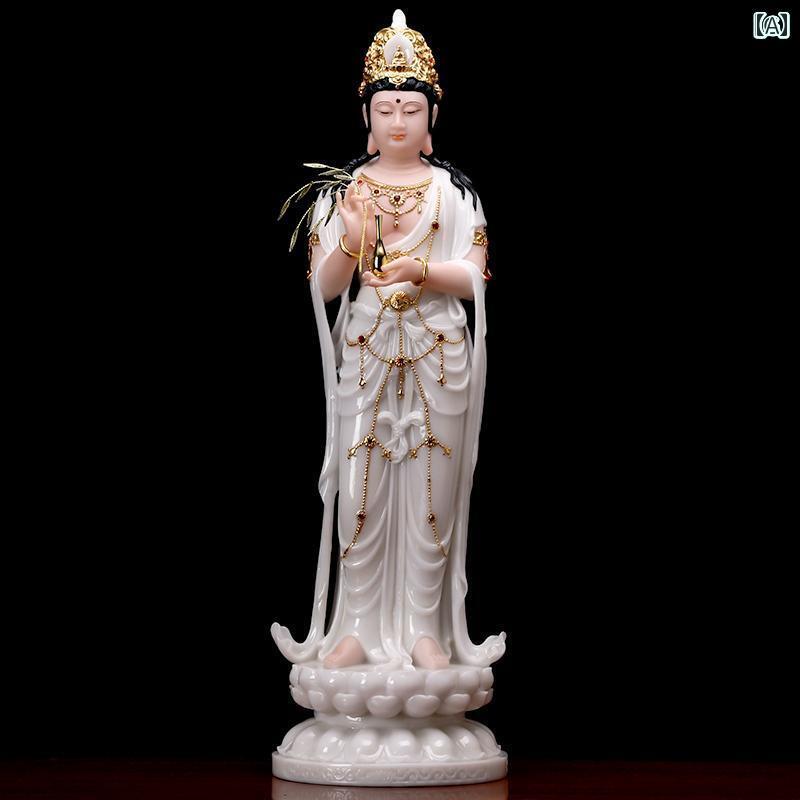 インテリア オブジェ おしゃれ 白 大理石製 西方 三 聖 仏 金 彩 阿弥陀如来 立像 南海 観音 大乗 菩薩像 装飾品