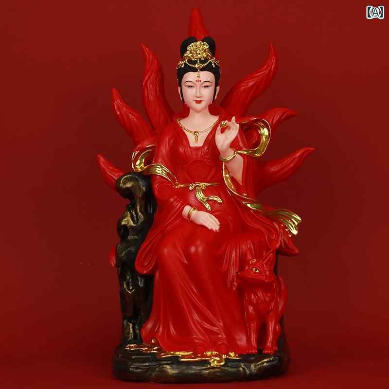 インテリア オブジェ おしゃれ 九 尾の キツネの 像 家庭 礼拝用 樹脂製 仏像 赤い お姫様 像の 身体 装飾品 九人の 少女 女性