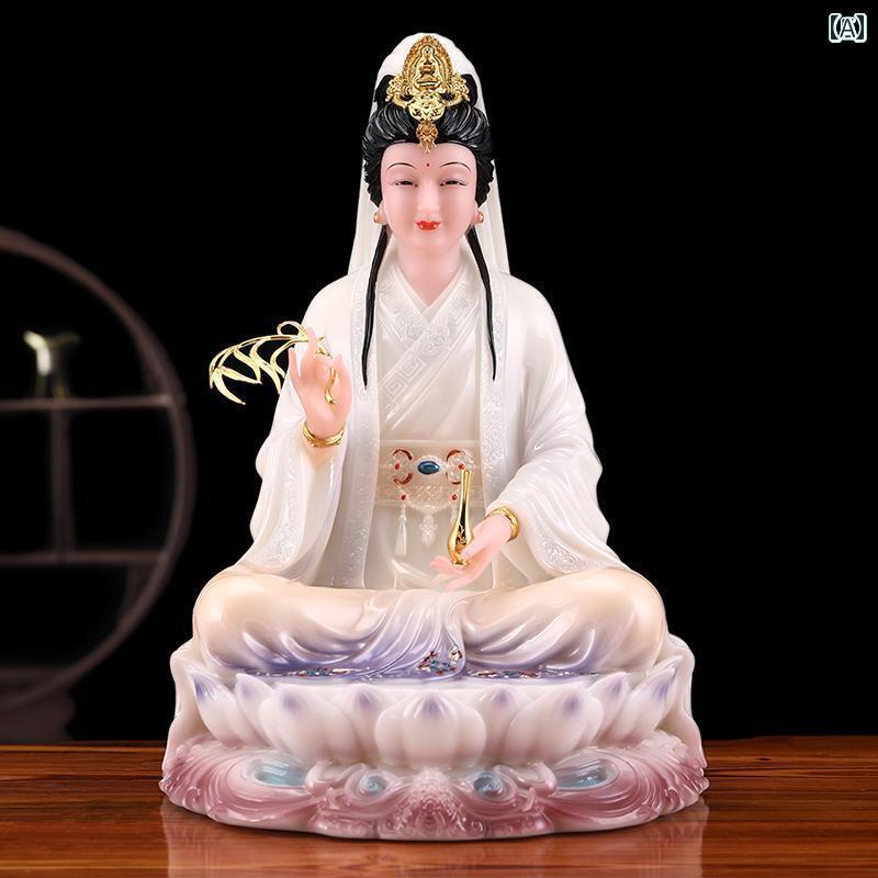 インテリア オブジェ おしゃれ カラフルな 白い 大理石の 妙 山 観音 仏像 家庭の 礼拝の 装飾品 12インチ 19インチ 座った 蓮の 菩薩像